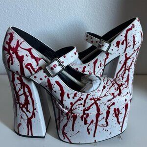 Trickz’N’Treatz White Blood‑Splatter Platform Mary Jane Heels